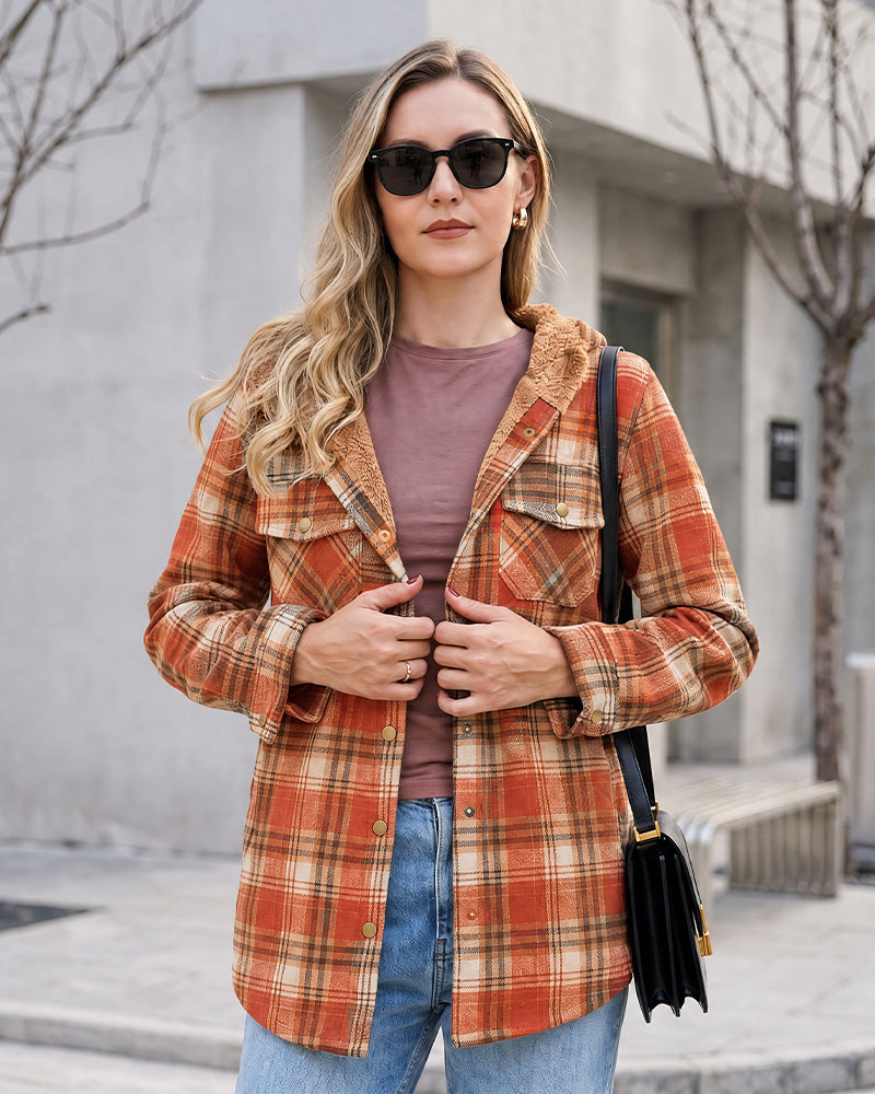 Sherpa-Lined Plaid Hooded Shacket