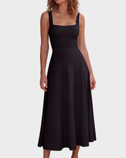 Square-Neck Back-Tie A-Line Midi Dress