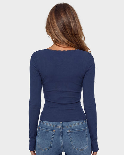 Square Neck Lace Trim Button Front Ribbed Knit Top