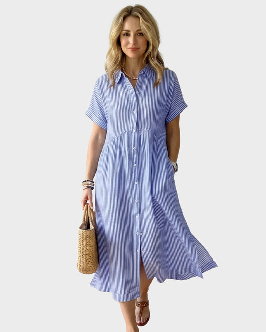 Striped Cotton Button-Front Midi Shirt Dress