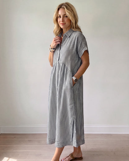 Striped Cotton Button-Front Midi Shirt Dress