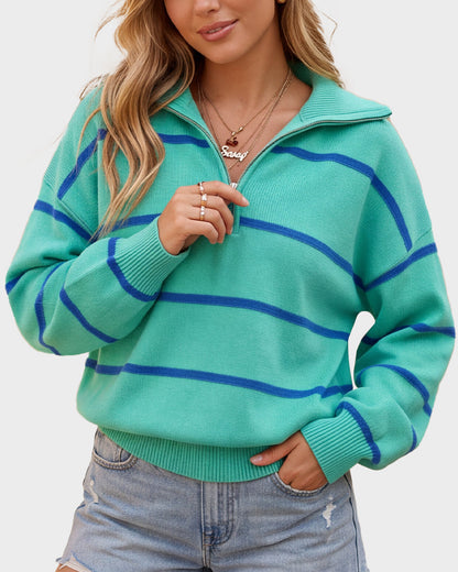 Striped Drop-Shoulder Quarter-Zip Knit Sweater