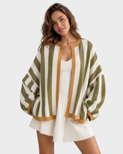 Striped Open-Front Knit Cardigan with Balloon Sleeves