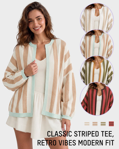 Striped Open-Front Knit Cardigan with Balloon Sleeves