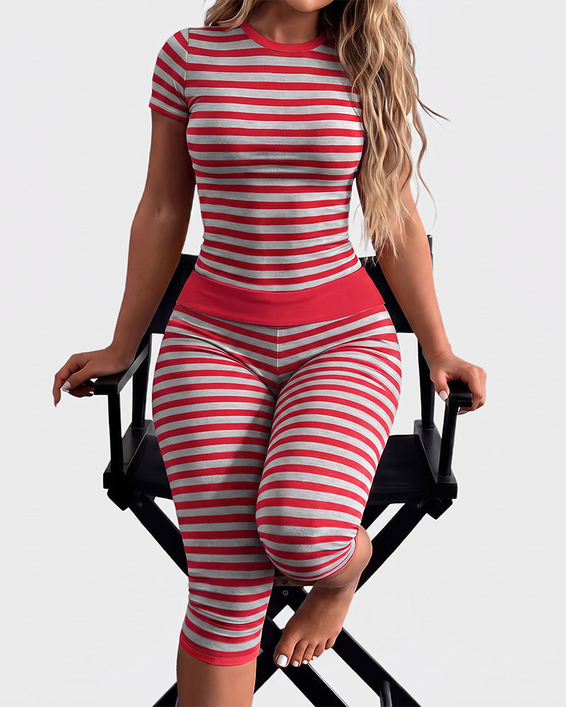 Striped Crop Top & Capri Leggings Set